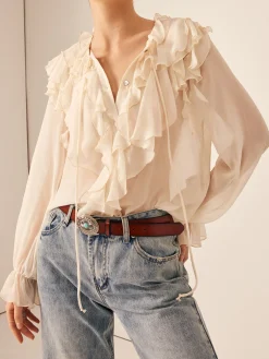 COMMENSE Ruffle Chiffon Breasted Thin Shirt* Blouses & Shirts|Tops