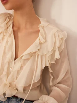 COMMENSE Ruffle Chiffon Breasted Thin Shirt* Blouses & Shirts|Tops