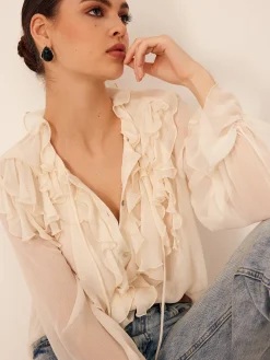COMMENSE Ruffle Chiffon Breasted Thin Shirt* Blouses & Shirts|Tops