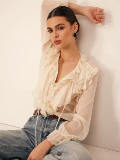 COMMENSE Ruffle Chiffon Breasted Thin Shirt* Blouses & Shirts|Tops