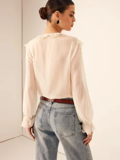 COMMENSE Ruffle Chiffon Breasted Thin Shirt* Blouses & Shirts|Tops