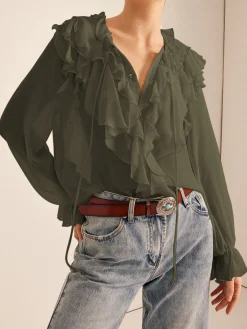 COMMENSE Ruffle Chiffon Breasted Thin Shirt* Blouses & Shirts|Tops