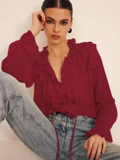 COMMENSE Ruffle Chiffon Breasted Thin Shirt* Blouses & Shirts|Tops