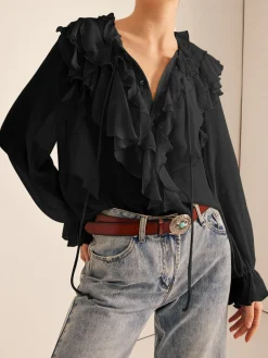 COMMENSE Ruffle Chiffon Breasted Thin Shirt* Blouses & Shirts|Tops