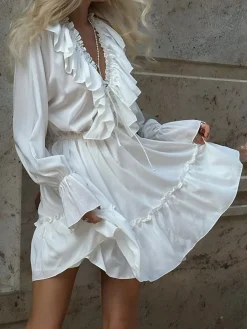 COMMENSE Ruffle Collar Short Dress* White Dresses|Casual Dresses