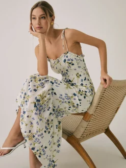 COMMENSE Ruffle Floral Print Cami Long Dress* White Dresses|Casual Dresses