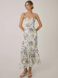 COMMENSE Ruffle Floral Print Cami Long Dress* White Dresses|Casual Dresses