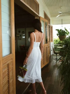 COMMENSE Ruffle Hem Cami Plain Midi Dress* White Dresses|Black Dresses
