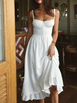 COMMENSE Ruffle Hem Cami Plain Midi Dress* White Dresses|Black Dresses