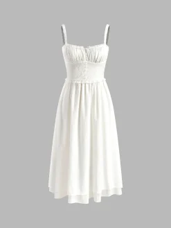 COMMENSE Ruffle Hem Cami Plain Midi Dress* White Dresses|Black Dresses