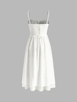 COMMENSE Ruffle Hem Cami Plain Midi Dress* White Dresses|Black Dresses