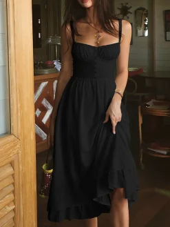 COMMENSE Ruffle Hem Cami Plain Midi Dress* White Dresses|Black Dresses