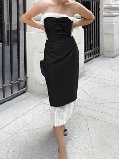 COMMENSE Ruffle Hem Patchwork Midi Dress* Black Dresses|Casual Dresses