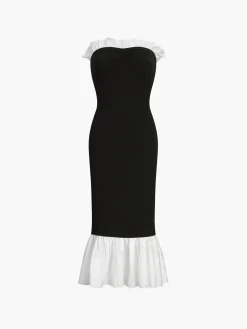 COMMENSE Ruffle Hem Patchwork Midi Dress* Black Dresses|Casual Dresses