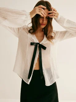 COMMENSE Ruffle Neck Pinstripe Semi-Sheer Shirt* Blouses & Shirts|Tops