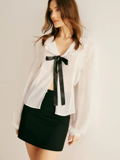 COMMENSE Ruffle Neck Pinstripe Semi-Sheer Shirt* Blouses & Shirts|Tops