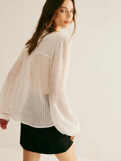 COMMENSE Ruffle Neck Pinstripe Semi-Sheer Shirt* Blouses & Shirts|Tops