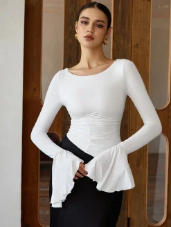 COMMENSE Ruffle Pleated Long Sleeve T-Shirt* T-shirts