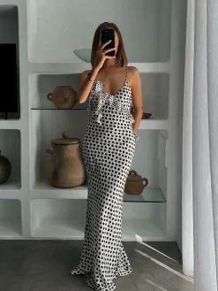 COMMENSE Ruffle Polka Dot Backless Cami Long Dress* Black Dresses|Cocktail & Party Dresses