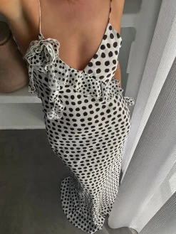 COMMENSE Ruffle Polka Dot Backless Cami Long Dress* Black Dresses|Cocktail & Party Dresses