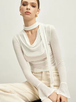 COMMENSE Ruffle Sheer Draped Jersey T-Shirt* T-shirts|Tops