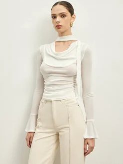 COMMENSE Ruffle Sheer Draped Jersey T-Shirt* T-shirts|Tops
