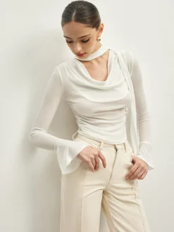 COMMENSE Ruffle Sheer Draped Jersey T-Shirt* T-shirts|Tops
