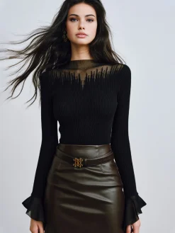 COMMENSE Ruffle Sleeve Thin Sweater* Sweater Tops|Sweaters & Cardigans