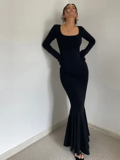 COMMENSE Ruffle Slim Knit Long Dress* Black Dresses|Casual Dresses