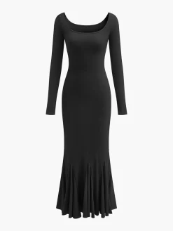 COMMENSE Ruffle Slim Knit Long Dress* Black Dresses|Casual Dresses