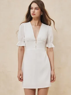 COMMENSE Ruffle Trim Button-Front Short Dress* White Dresses|Work Dresses