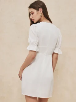 COMMENSE Ruffle Trim Button-Front Short Dress* White Dresses|Work Dresses