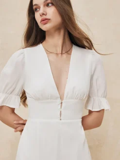 COMMENSE Ruffle Trim Button-Front Short Dress* White Dresses|Work Dresses