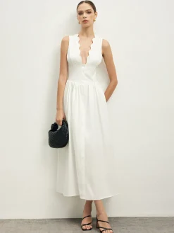 COMMENSE Ruffle Trim Neck Button Sleeveless Dress* White Dresses|Casual Dresses