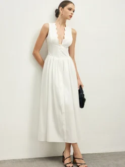 COMMENSE Ruffle Trim Neck Button Sleeveless Dress* White Dresses|Casual Dresses