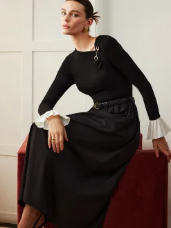 COMMENSE Ruffle-Cuff Panel Pockets Dress Without Belt* Black Dresses|Casual Dresses
