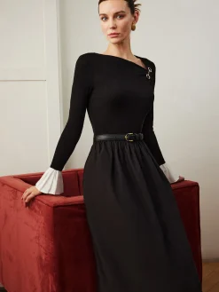 COMMENSE Ruffle-Cuff Panel Pockets Dress Without Belt* Black Dresses|Casual Dresses