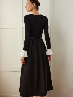 COMMENSE Ruffle-Cuff Panel Pockets Dress Without Belt* Black Dresses|Casual Dresses