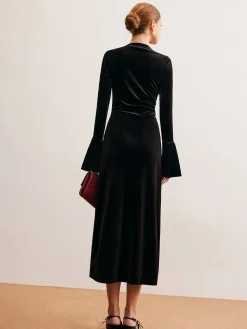 COMMENSE Ruffle-Cuff Velvet Long Dress* Black Dresses|Cocktail & Party Dresses