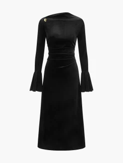 COMMENSE Ruffle-Cuff Velvet Long Dress* Black Dresses|Cocktail & Party Dresses