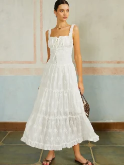 COMMENSE Ruffled Hem Sleeveless Embroidered Long Dress* White Dresses|Casual Dresses
