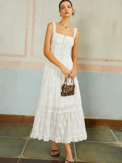 COMMENSE Ruffled Hem Sleeveless Embroidered Long Dress* White Dresses|Casual Dresses
