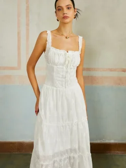 COMMENSE Ruffled Hem Sleeveless Embroidered Long Dress* White Dresses|Casual Dresses