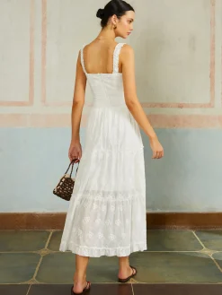 COMMENSE Ruffled Hem Sleeveless Embroidered Long Dress* White Dresses|Casual Dresses