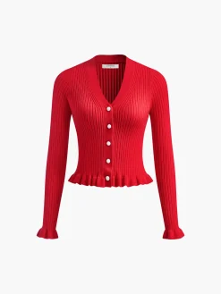 COMMENSE Ruffled Trim Pearl Button Long Sleeve Cardigan* Cardigans|Sweaters & Cardigans