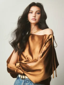 COMMENSE Satin Asymmetrical Cold Shoulder Tied Blouse* Blouses & Shirts|Tops