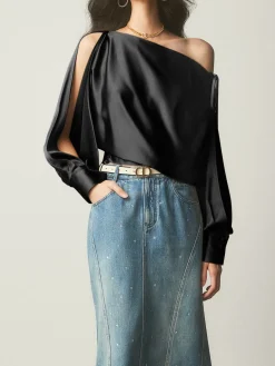 COMMENSE Satin Asymmetrical Cold Shoulder Tied Blouse* Blouses & Shirts|Tops