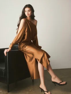 COMMENSE Satin Asymmetrical Split Skirt* Skirts|Bottoms