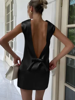 COMMENSE Satin Backless Bow Detail Short Dress* Black Dresses|Casual Dresses