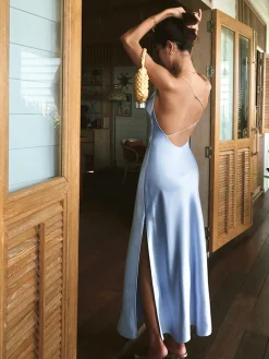 COMMENSE Satin Backless Split Thigh Long Dress* Casual Dresses|Cocktail & Party Dresses